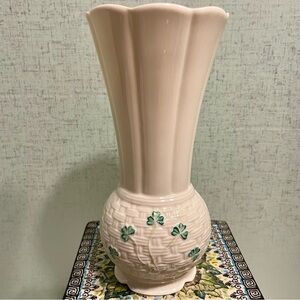 Belleek Vase 8" Basket Weave Shamrocks Ireland Blue Back Stamp